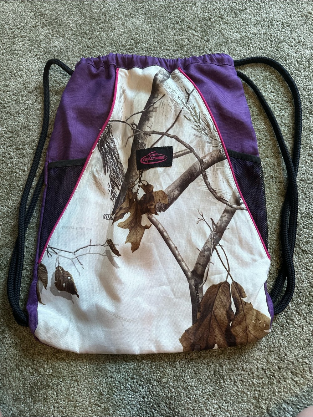 Realtree Purple Camo Drawstring Bag with Pink Trim